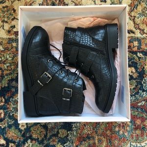 Black faux croc leather biker boots
